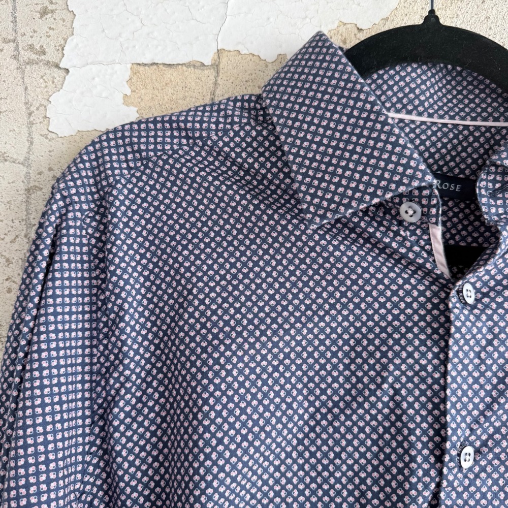 Stone Rose Button Up Shirt Geometric‎ Floral Blue Pink Long Sleeve Mens L